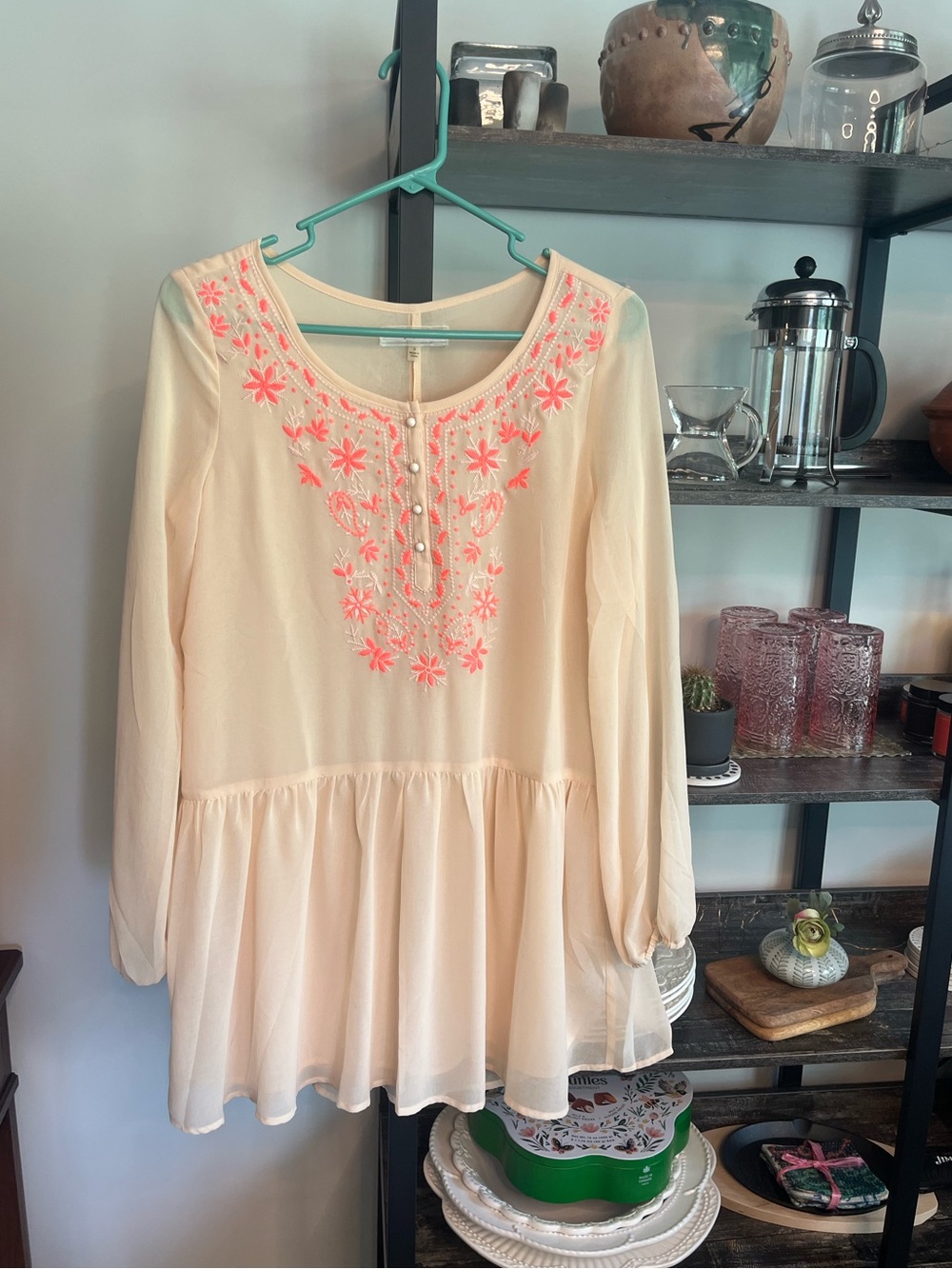 Poema Embroidered Boho Peasant Long Ruffled Tunic Top Neon Coral Semi Sheer S